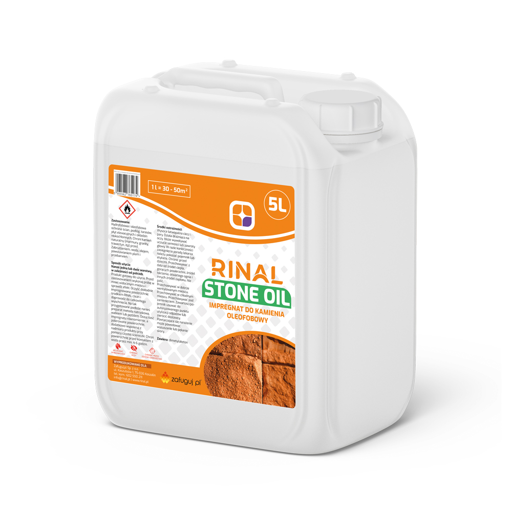 Opakowanie RINAL Stone Oil 5L - preparat do zabezpieczenia przed plamami z oleju na kostce brukowej granitowej i betonowej